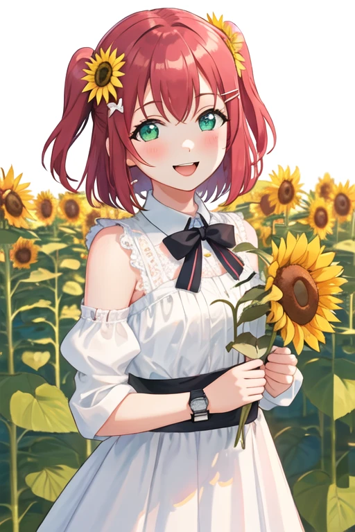 best quality, masterpiece, highres, solo, {kurosawa_ruby_lovelivesunshine:1.15}, red_hair, bangs, blush, two_side_up, smile, aqua_eyes, green_eyes, open_mouth, short_hair, hair_ornament, 1girl, flower, looking_at_viewer, sunflower, holding, holding_flower, closed_mouth, short_sleeves, dress, hairclip, upper_body, white_background, white_dress, wristwatch, yellow_flower