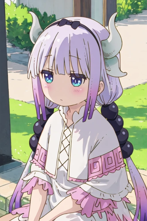 best quality, masterpiece, highres, solo, {kanna_kamui_kobayashisanchinomaidragon:1.15}, long_hair, light_purple_hair, blue_eyes, hair_ornament, bangs, blush, multicolored_hair, twintails, blunt_bangs, hair_beads, beads, hairband, gradient_hair, low_twintails, horns, dragon_horns, purple_hair, child, dragon_girl, female_child, headpat, out_of_frame, solo_focus, hand_on_another's_head, 2girls, multiple_girls