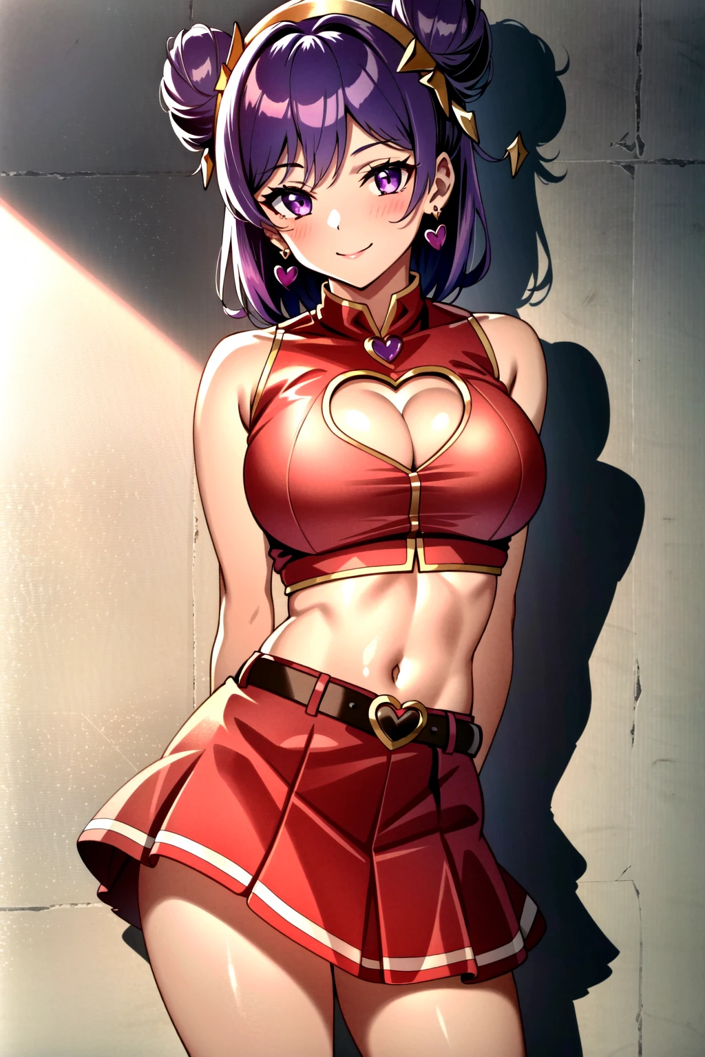 (anime coloring),(masterpiece),(best quality),(ultra-detailed),(best illustration),(best shadow),(absurdres), <lora:OGT_Athena_Asamiya-v1:0.7> Athena Asamiya, 1girl, breasts, solo, purple hair, hair bun, double bun, navel, purple eyes, gloves, heart, cleavage, skirt, white gloves, earrings, large breasts, jewelry, midriff, hairband, clothing cutout, crop top, cleavage cutout, looking at viewer, bare shoulders, smile, belt, sleeveless, hair ornament, red skirt, arm behind back, heart cutout
