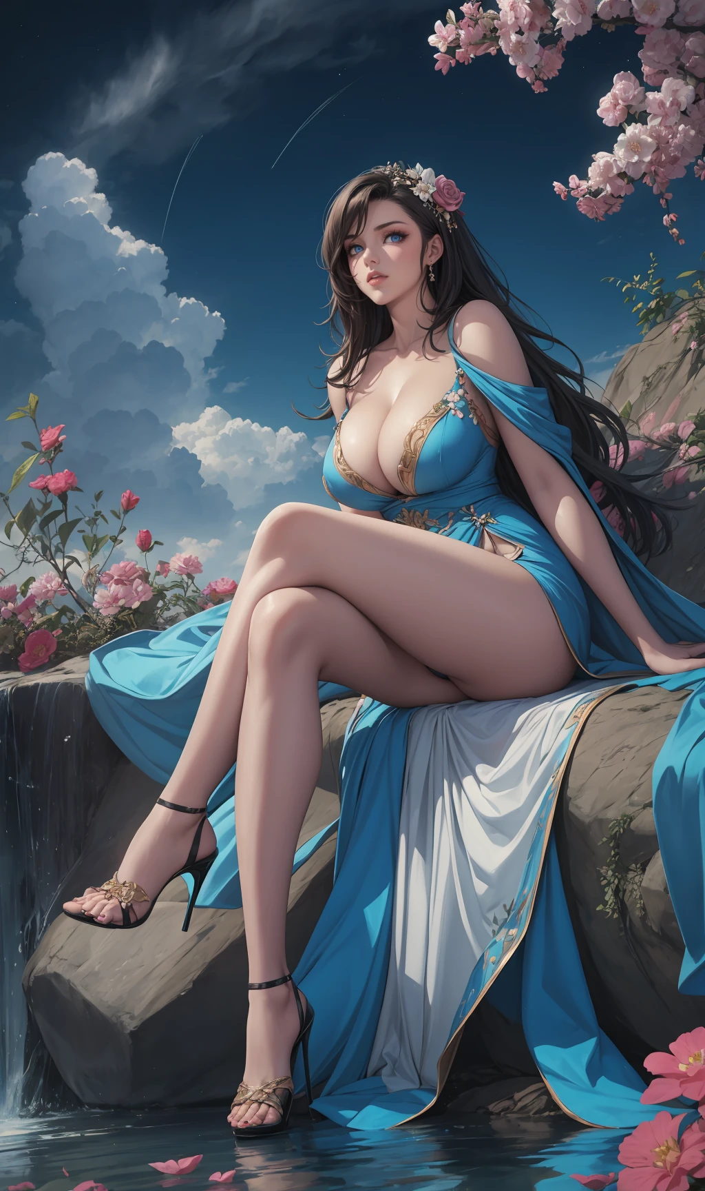 1 milf,high heels, bare legs, sitting, sky, crossed legs, dress, long hair, black hair, solo, breasts, legs, night, blue eyes, water, bare shoulders, cloud, blue dress, full body, cleavage, large breasts, flower, night sky, hair ornament, rock, branch,(tall:1.5),(narrow waist:1.2),(model:1.5),glamor,slender,petite,