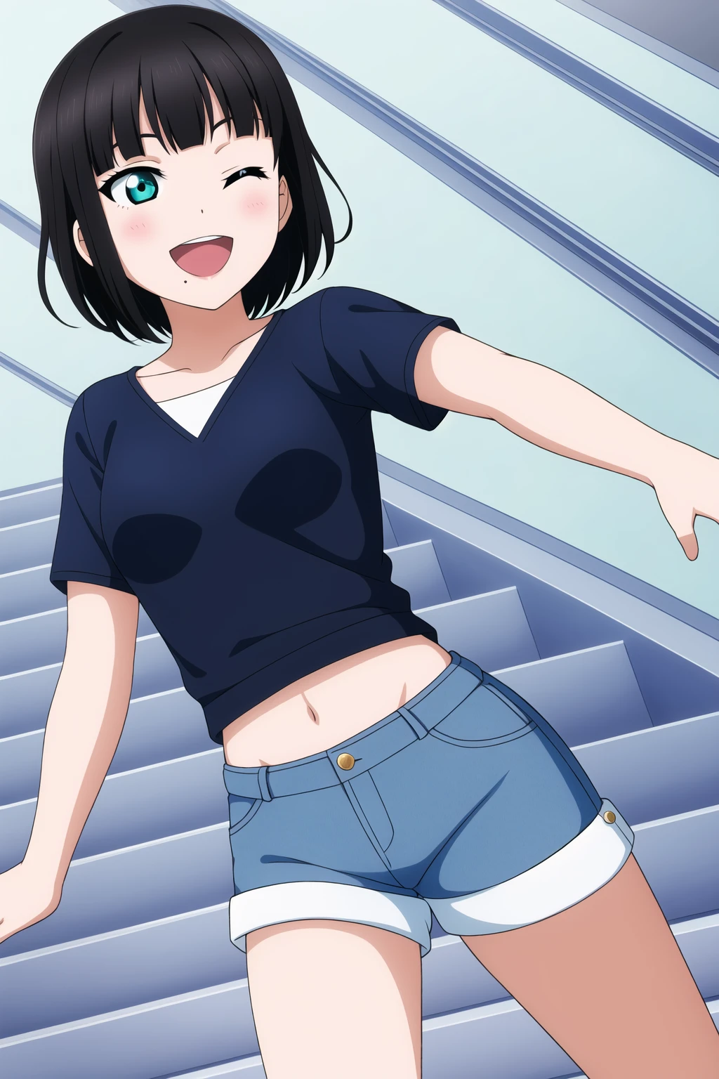masterpiece, best quality, highres, absurdres, 1girl,
<lora:DiaKurosawa_Mistoon_Locon_CulturedDiffusion:0.6>, dia kurosawa, black hair, aqua eyes, mole under mouth, (short hair),
short shorts, denim shorts, midriff, white shirt,
shopping, escalator,
smile, open mouth, one eye closed, stretching, spread legs