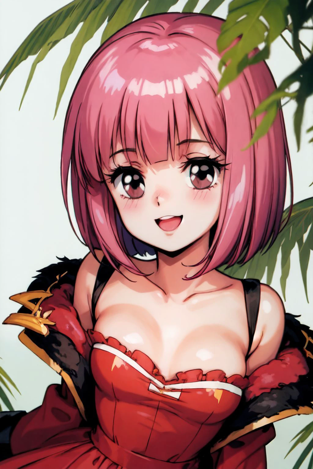 solo, 1girl, happy, pink hair, black eyes, red dress, choppy bob, dim light, boreal jungle, detailed background <lora:Toshiki_Hirano_style_v01:1>