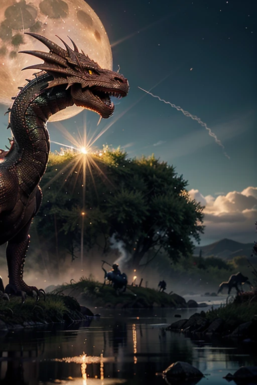 Ï BY HGHD, dynamic photograph (((Dragon))) scales are made from emerald ruby diamond sapphire, radiating light, amidst brilliance, symmetrical, hyperdetailed texture, perfect composition, masterpiece, glittering professional photography, macro, natural lighting, canon lens, shot on dslr 64 megapixels sharp focus, ethereal, Ambiant light from the moon low in the sky, outdoor , set against a ( medieval battlefieldl1.4), skyrim style landscape, Smoke fills the air, billowing skyward, dramatic light filters through, caustic reflection, acid rain, hi-res, digital photography , RTX