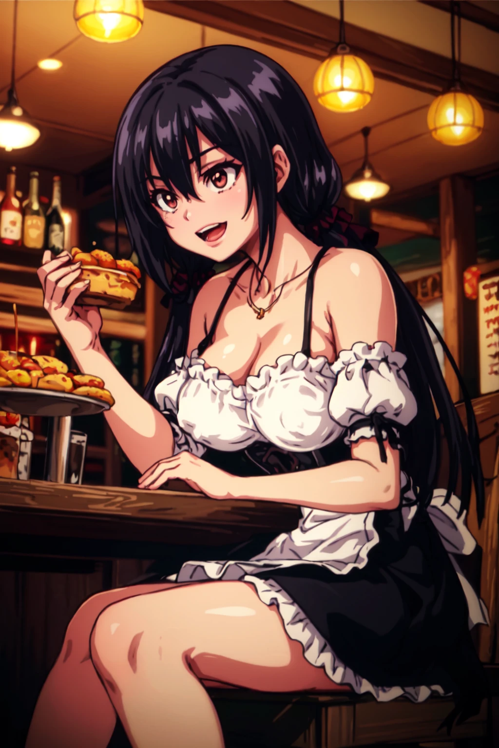 masterpiece, best quality, 1girl, solo, medieval tavern, fantasy, sitting, sighing, smiling, eating, (busy tavern, patrons:1.5), <lora:Residence_Anya_v2-000144:0.8>, maid, german clothes, dirndl, cleavage, necklace, purple hair, low twintails, red eyes, hair between eyes, long hair, bare shoulders, black corset, scrunchie, large breasts, pointy breasts, covered nipples, apron, short skirt, bare legs, frills, brown loafers, (black shoulder straps:1.2), open mouth, detached sleeves, puffy sleeves, short sleeves,