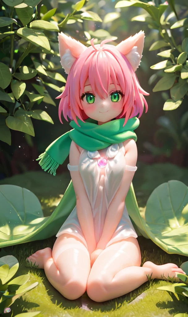 glowing, 1girl, foxgirl, high detail, masterpiece, beautiful, glowing pink hair, glowing green eyes, smiling, happy, viewed from below, big eyes, spreading legs, sitting, knees, green coat, moody background, sunlight: 1.5, smooth skin, subsurface scattering, white shirt, bottomless, scarf, fluffy tail, crotch