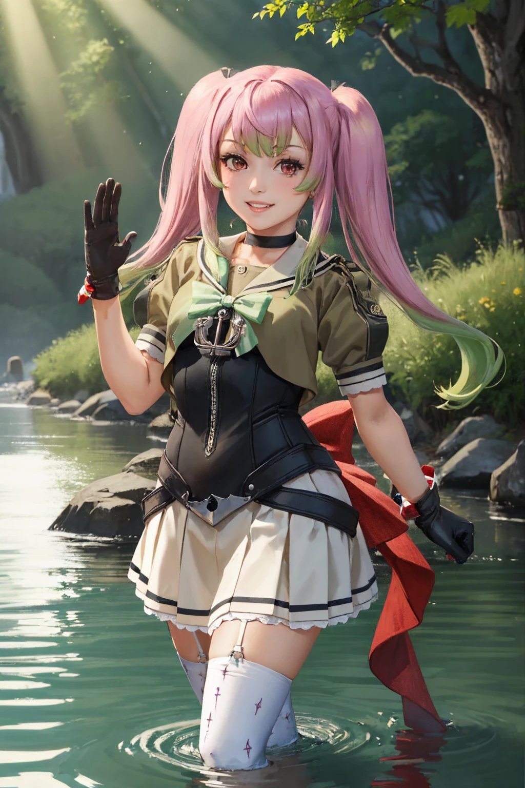 (masterpiece, best quality:1.2), solo, 1girl, kcmomo, grin, waving, wading, ahoge, twintails, serafuku, bowtie, short sleeves, (gloves:1.1), corset, anchor, grey skirt, white thighhighs, garter straps, choker <lora:kancolle_momo-11:1>