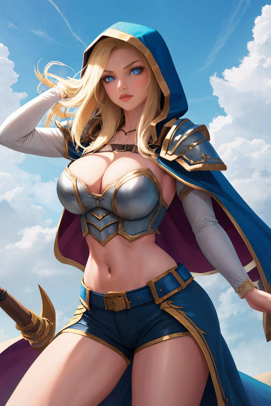 masterpiece, best quality, 1girl, solo, standing, <lora:jainaproudmoore-wow-richy-v1:1> jainapre, blonde hair, hood, cleavage, shoulder armor, cape, midriff, navel