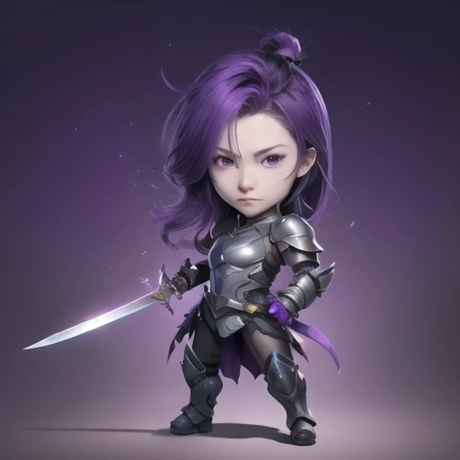 chibi, solo, armor, long hair, 1girl, purple eyes, weapon, purple hair, holding, looking at viewer, artist name, standing, full body, frown, sword, shoulder armor, black armor, closed mouth, pauldrons, v-shaped eyebrows, gradient background, gradient, boots, holding weapon, gauntlets, knife,<lora:chibi1.5v1:1>