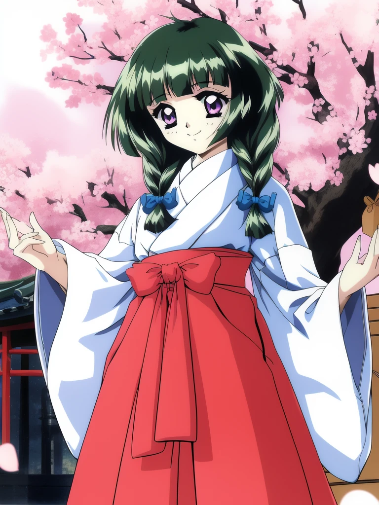 <lora:Kamiyama_Miko:1>, KamiyamaMiko, japanese clothes, miko, 1girl, skirt, hakama, hakama skirt, red hakama, purple eyes, long sleeves, green hair, retro artstyle, solo, long hair, 1990s (style), under body, smile,
japanese white clothes, shrine, cherry blossom,
masterpiece, high quality, very_high_resolution, large_filesize, full color,