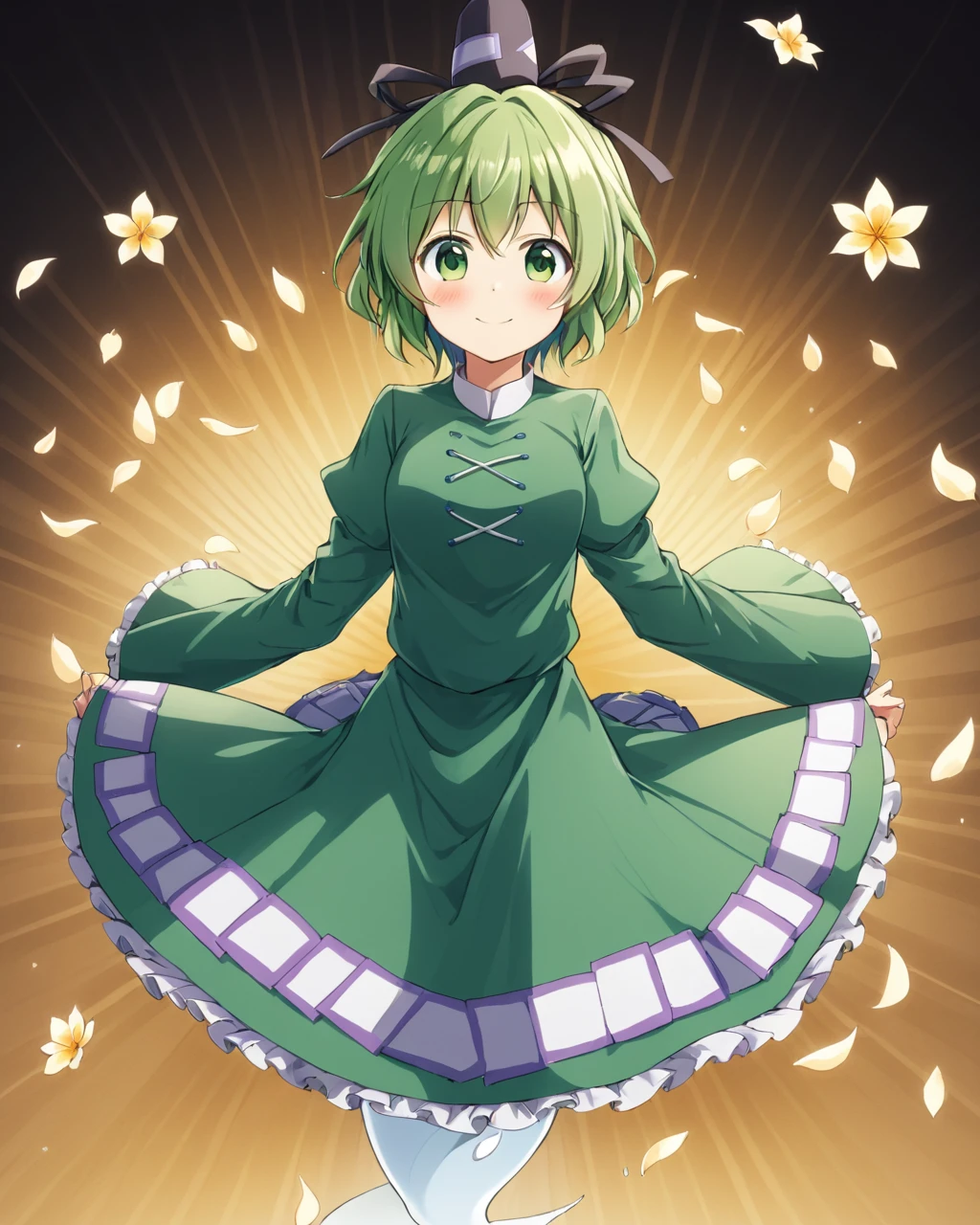 soga no tojiko,1girl, solo, smile, tate_eboshi, green_dress, flower, petals, blush, tears, arms_behind_back, ghost_tail
<lora:soga_no_tojiko_image2295_2023-12-20-000010:1>,star-shaped_pupils,symbol-shaped_pupils,. gorgeous,key visual, vibrant, studio anime,award-winning, professional, highly detailed,high budget, cinemascope