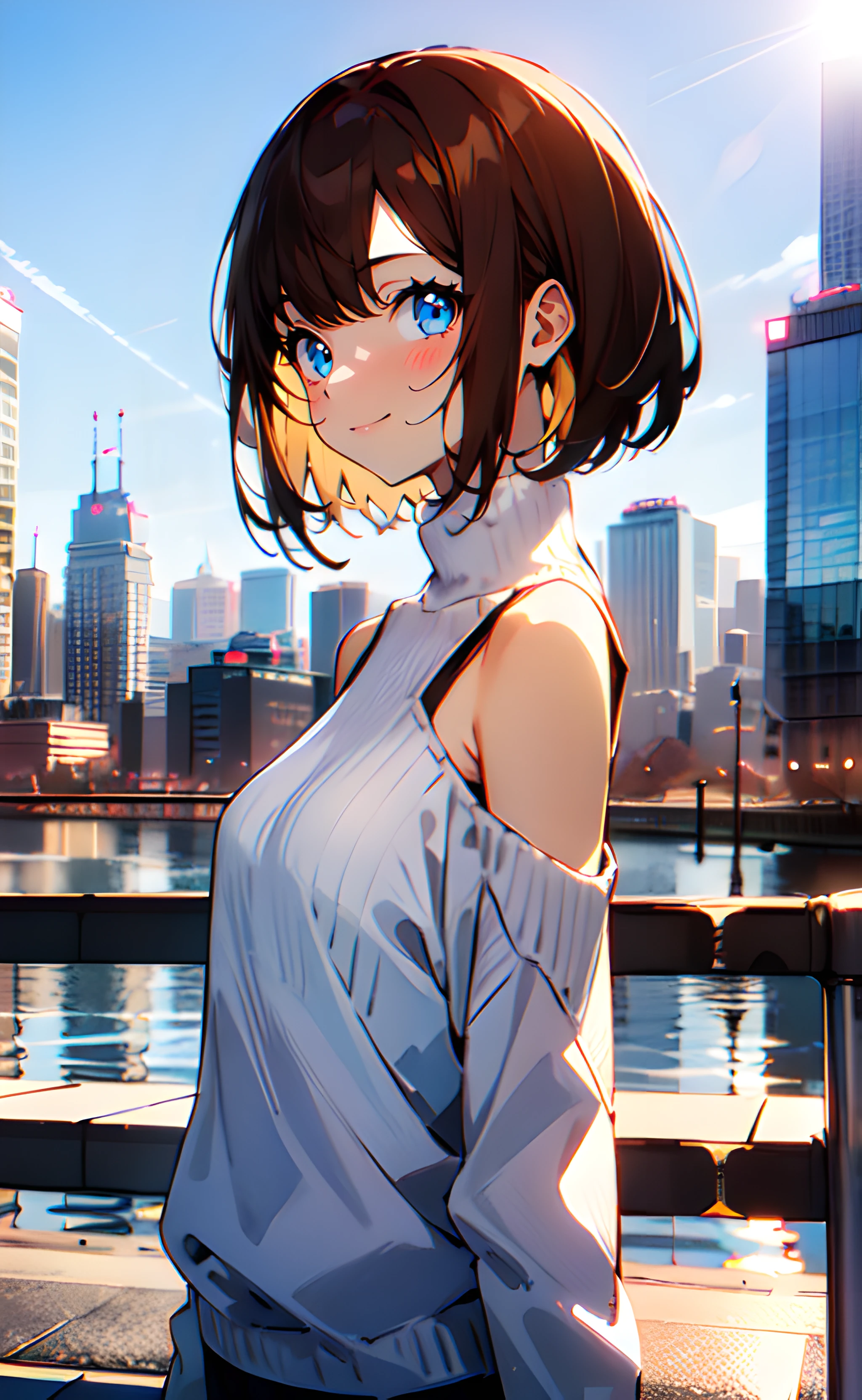 1girl, upper body, standing, from side, short hair, brown hair, blue eyes, white sweater, long sleeves, shoulder cutout, bare shoulders, closed mouth, smile, outdoors, city, cityscape, blue sky, sunlight