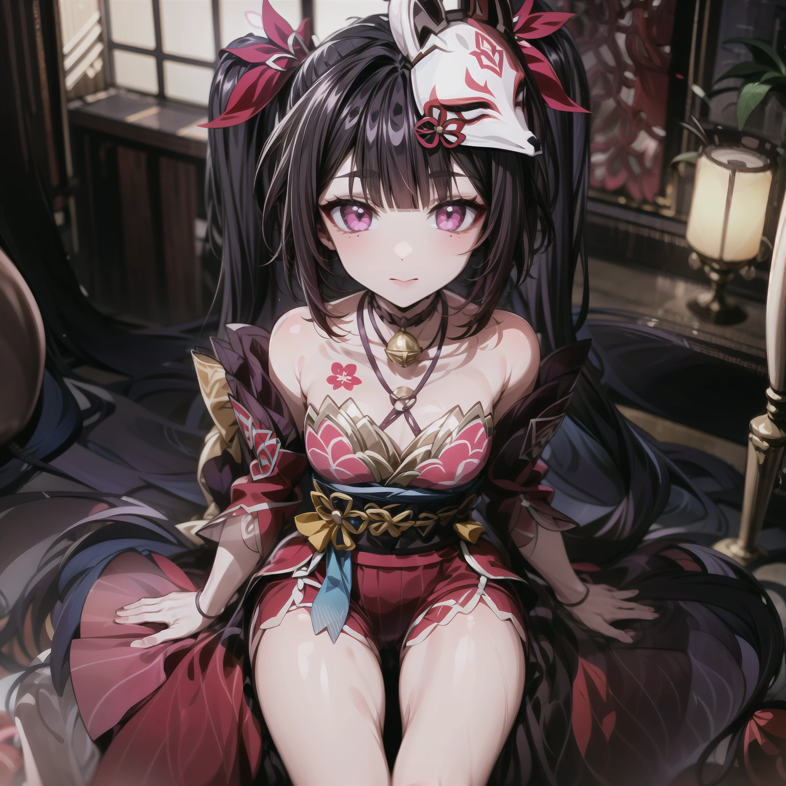 <lora:ç»èè°æ´:1>,an extremely delicate and beautiful girl,8k wallpaper,masterpiece,indoors,cowboy_shot,sparkl,1girl,solo,mask on head,hair ornament,symbol-shaped pupils,kimono,shorts,bare legs,detached sleeves,looking at viewer,hair ornament,detached sleeves,neck bell,heart tattoo,collarbone,small breasts,sitting