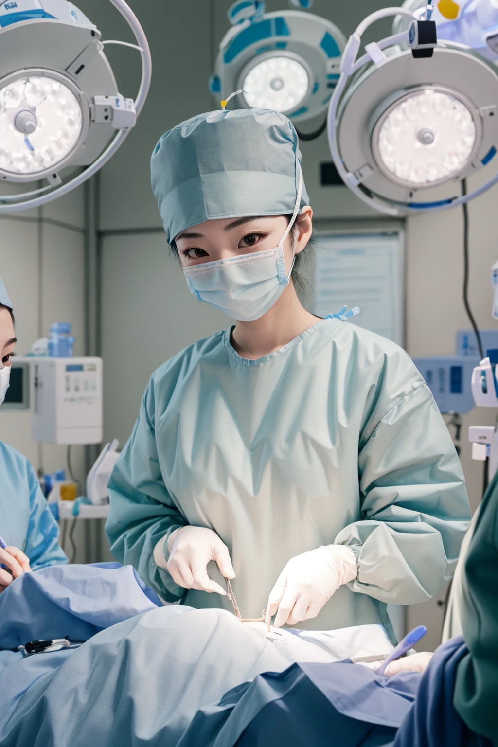 (RAW photo, best quality), 1girl, long sleeve surgical outfit, surgical mask, surgical gloves, surgical cap, operating room, overhead surgical light,
<lora:ConceptClothingSurgicalOutfit1_1:1>