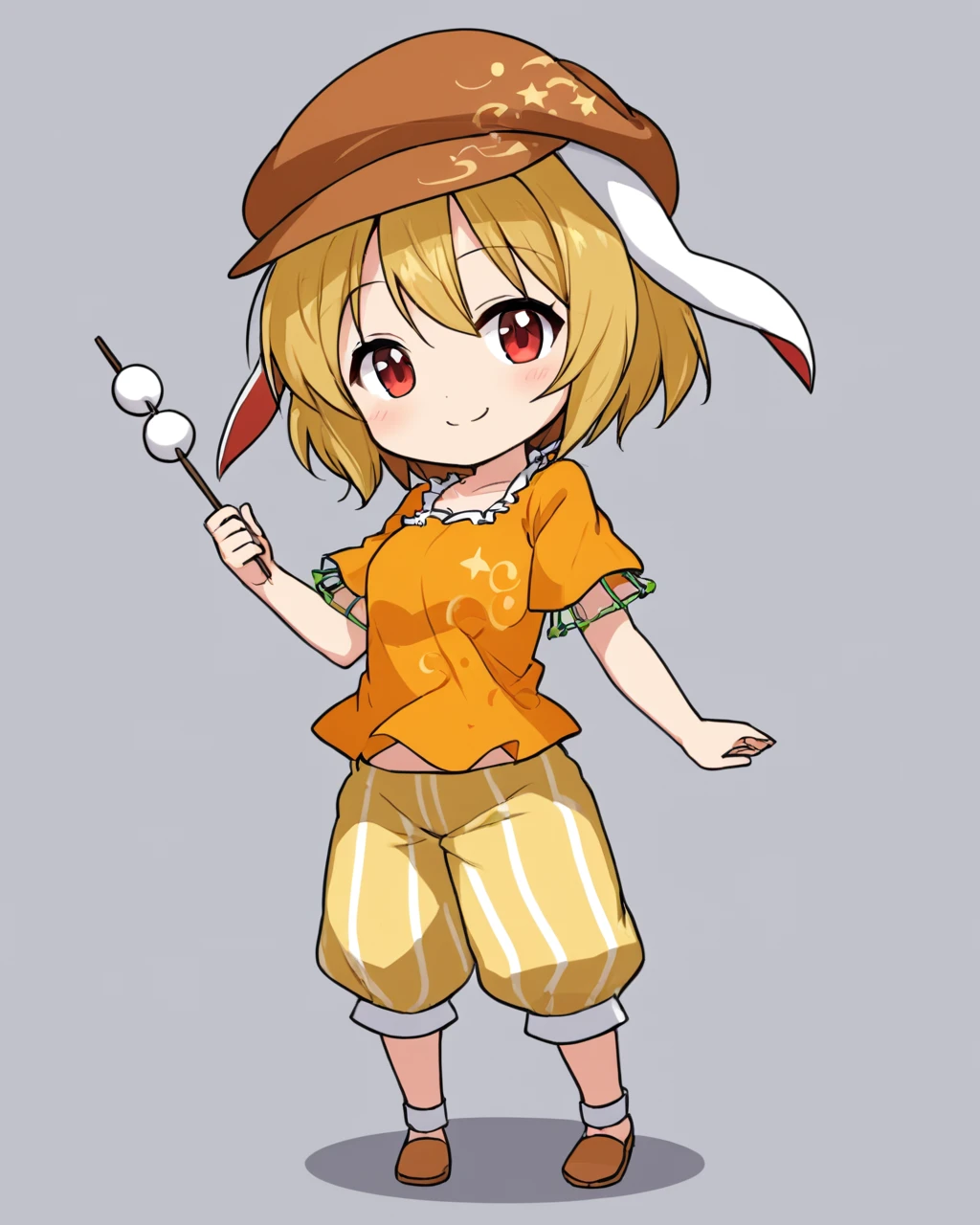 ringo \(touhou\),1girl, dango, solo, orange_shirt, chibi, flat_cap, skewer, smile, short_sleeves, shorts, looking_at_viewer, eighth_note
<lora:ringo_(touhou)_image967_2023-12-20-000015:1>,star-shaped_pupils,symbol-shaped_pupils,. gorgeous,key visual, vibrant, studio anime,award-winning, professional, highly detailed,high budget, cinemascope