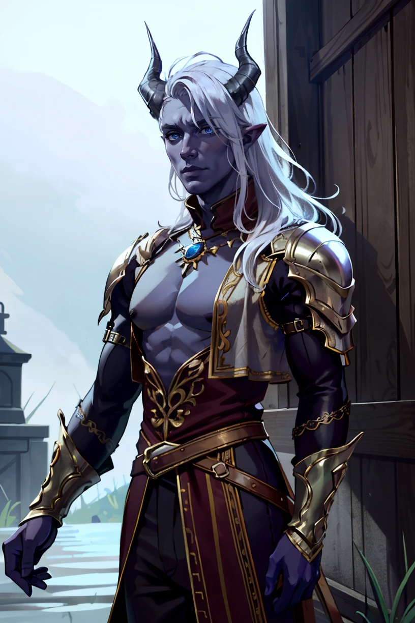 ((ultra detailed, masterpiece, absurdres))
BGMyDreamBoy, 1boy, solo, purple skin, blue eyes, white hair, demon horns, cowboy shot