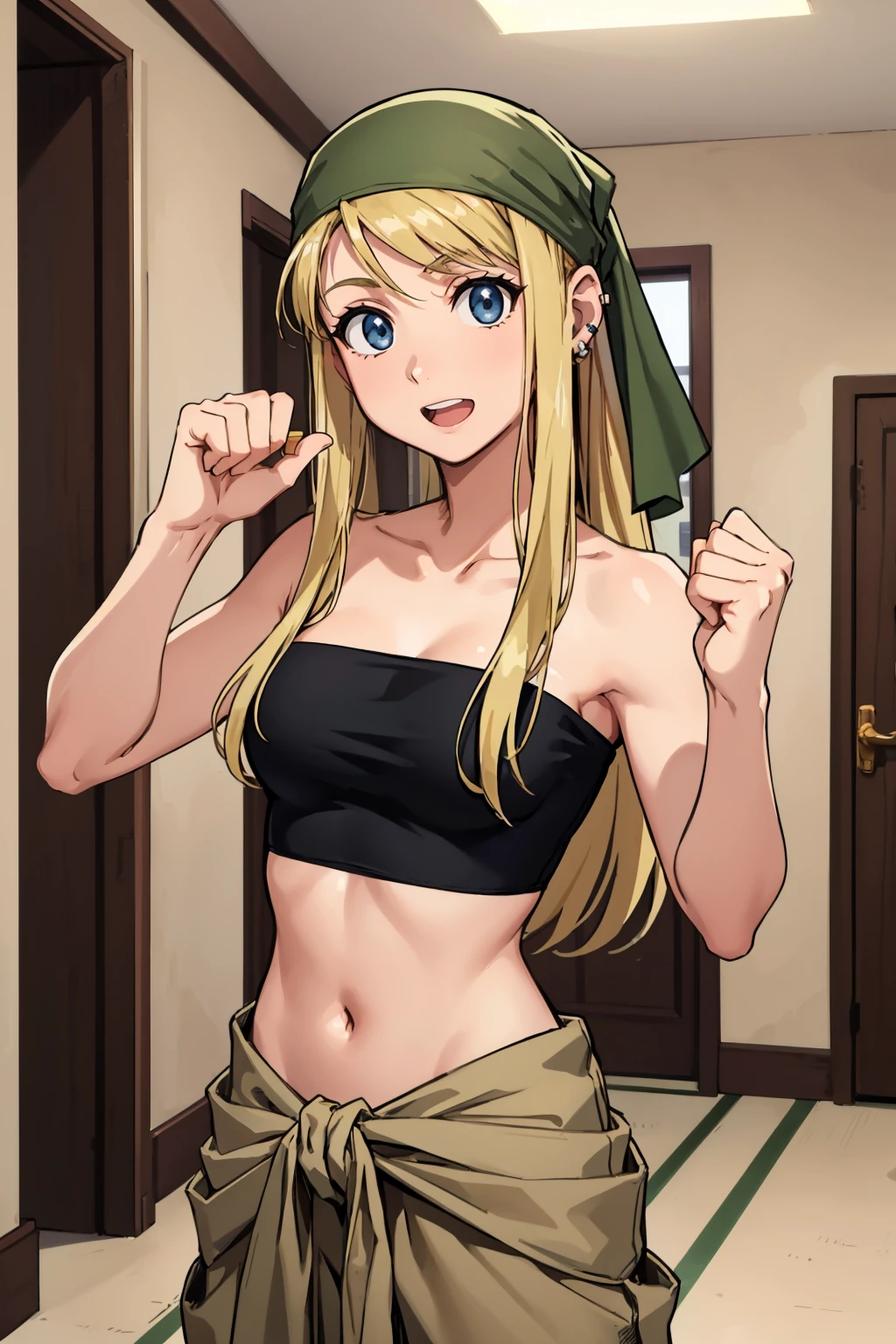 masterpiece, best quality, <lora:winry-nvwls-v1-000008:0.8> winry rockbell, earrings, green bandana, black tube top, strapless, midriff, clothes around waist, beige pants, cowboy shot, looking at viewer, :D, fists, hands up, excited, hallway, indoors