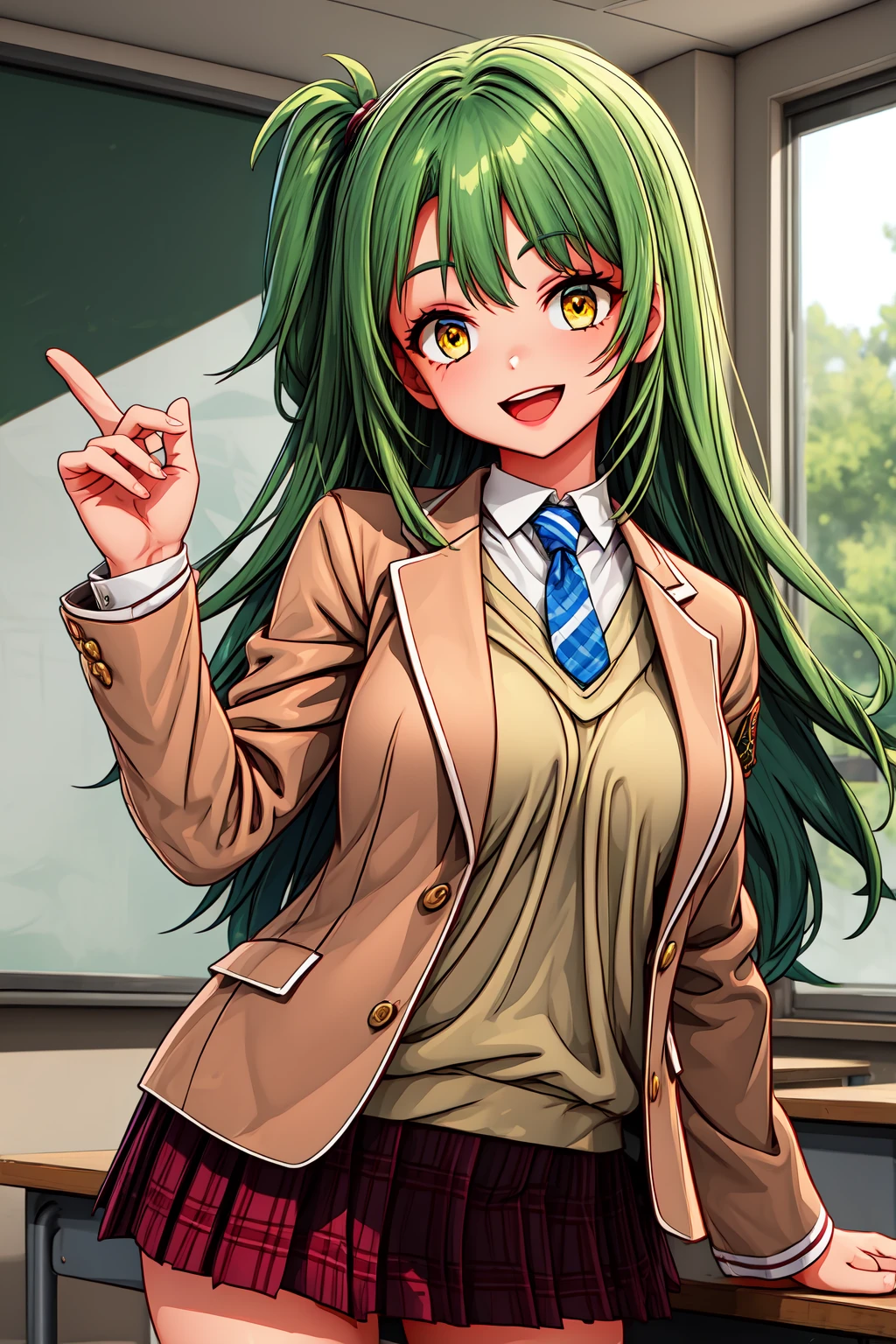 1girl, cowboy shot, smile, standing, open mouth, classroom,
bg_reimi, yellow eyes, green hair, long hair, (one side up:1.4), very long hair, bangs, school uniform, brown jacket, blazer, necktie, long sleeves, shirt, plaid skirt, white thighhighs, <lora:BG_remi_lora_ver2:0.7>, best quality, masterpiece, highres, <lora:GoodHands-vanilla:1>