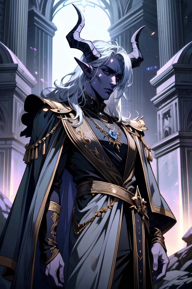 ((ultra detailed, masterpiece, absurdres))
BGMyDreamBoy, 1boy, solo, purple skin, blue eyes, white hair, demon horns, cowboy shot