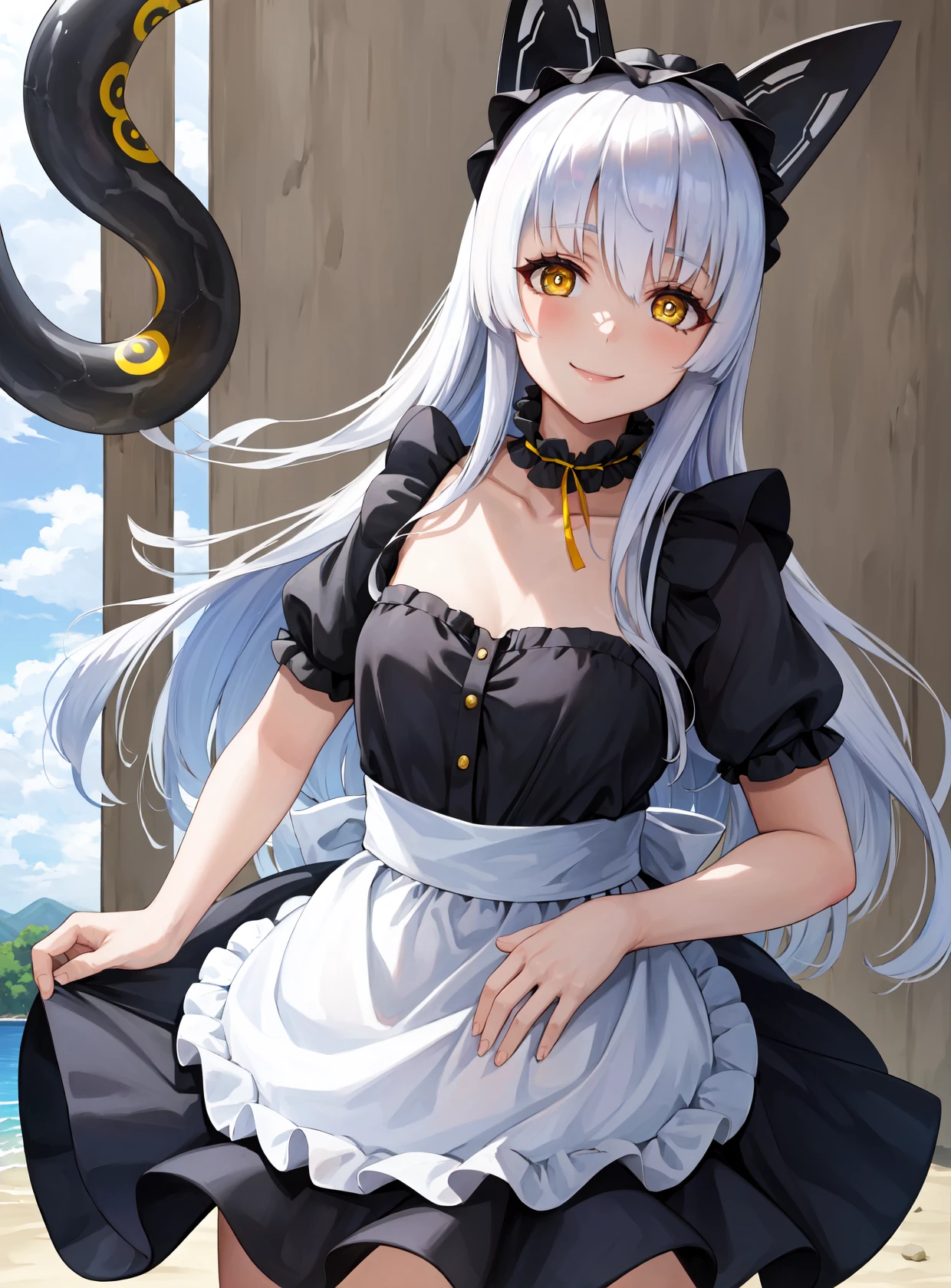 masterpiece, best quality, highres,
ObserverDef, 1girl, solo, long hair, white hair, yellow eyes, breasts, smile, bangs, brown eyes, very long hair, hairband, headgear, frilled choker,
maid, maid headdress, maid apron,
<lora:LoRA_Alpha:1>, forest, sunlight, cloudy, standing, cowboy shot, head tilt, looking at viewer,