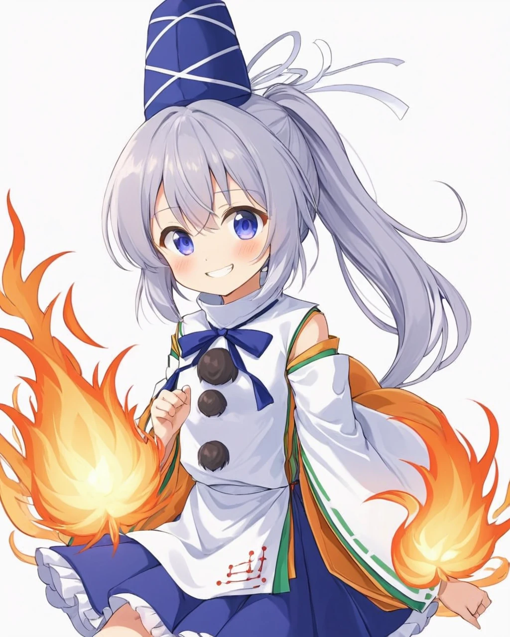 mononobe no futo,1girl, solo, tate_eboshi, ponytail, fire, white_background, simple_background, pom_pom_\(clothes\), blue_skirt, looking_at_viewer, wide_sleeves, kariginu, grin, long_sleeves, cowboy_shot, blue_headwear, blush, neck_ribbon
<lora:mononobe_no_futo_image4909_2023-12-20-000007:1>,star-shaped_pupils,symbol-shaped_pupils,. gorgeous,key visual, vibrant, studio anime,award-winning, professional, highly detailed,high budget, cinemascope