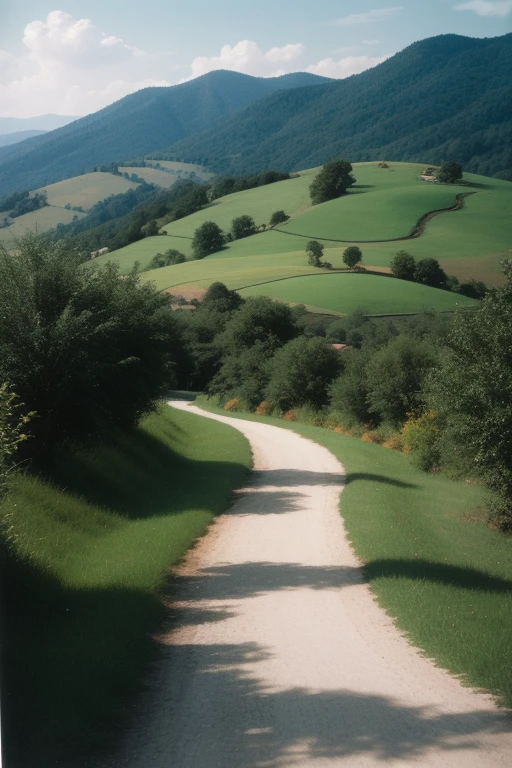 high quality, vintage color photo, green hills