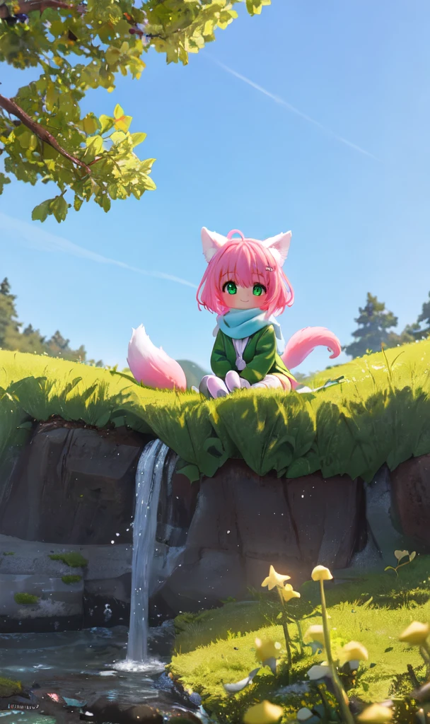 glowing, young, *****, ***ite, 1girl, foxgirl, high detail, masterpiece, beautiful, glowing pink hair, glowing green eyes, smiling, happy, viewed from below, big eyes, spreading legs, sitting, knees, green coat, moody background, sunlight: 1.5, smooth skin, subsurface scattering, white shirt, bottomless, scarf, fluffy tail, crotch