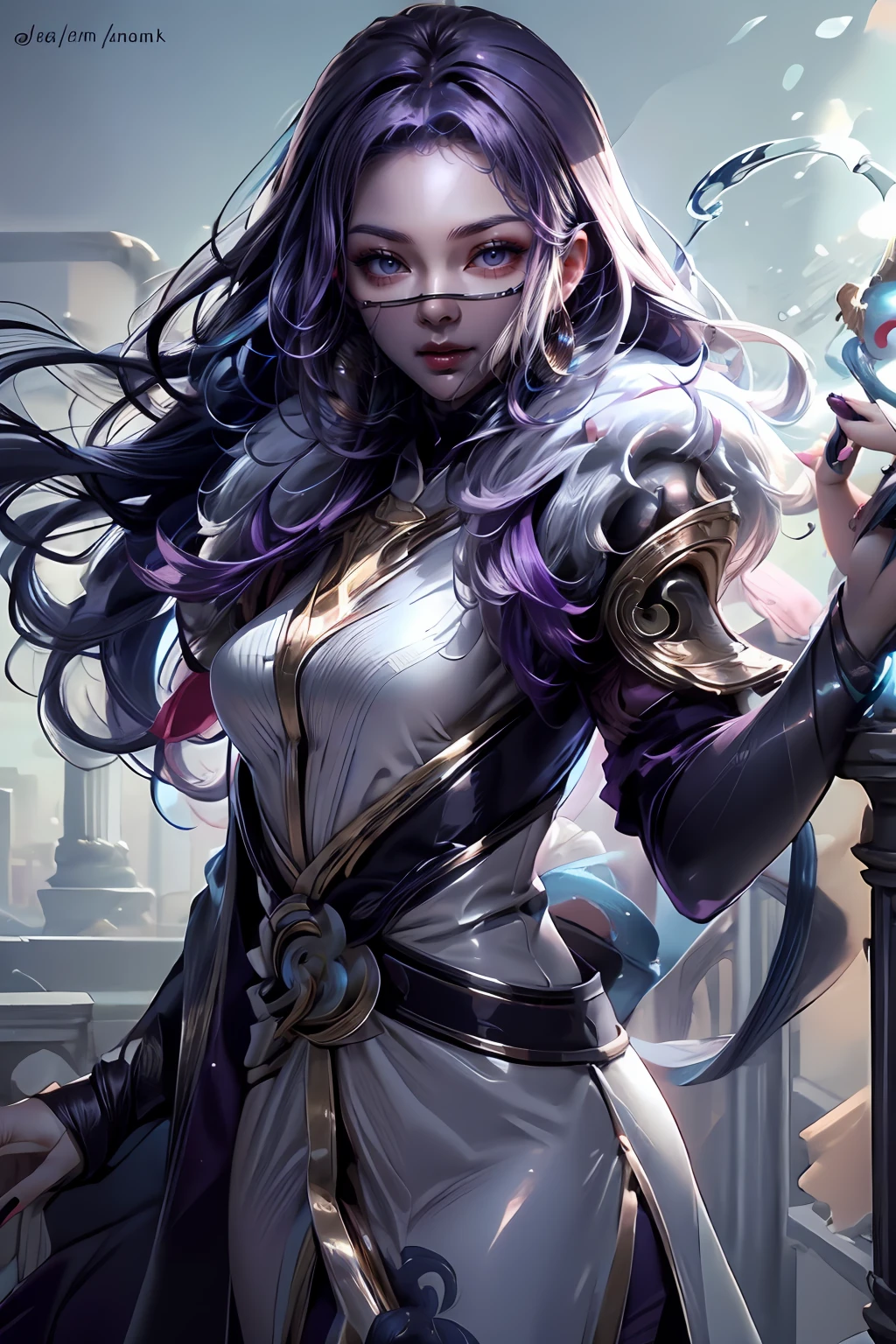 1girl,(masterpiece:1.4, best quality),medium breasts,(intricate details),unity 8k wallpaper,ultra detailed,(pastel colors:1.3),beautiful and aesthetic,detailed,solo, medium shot,  purple hair, luo_yi_ml, mouth veil <lora:luo_yi_ml-08:1> <lora:add_detail:0.7>