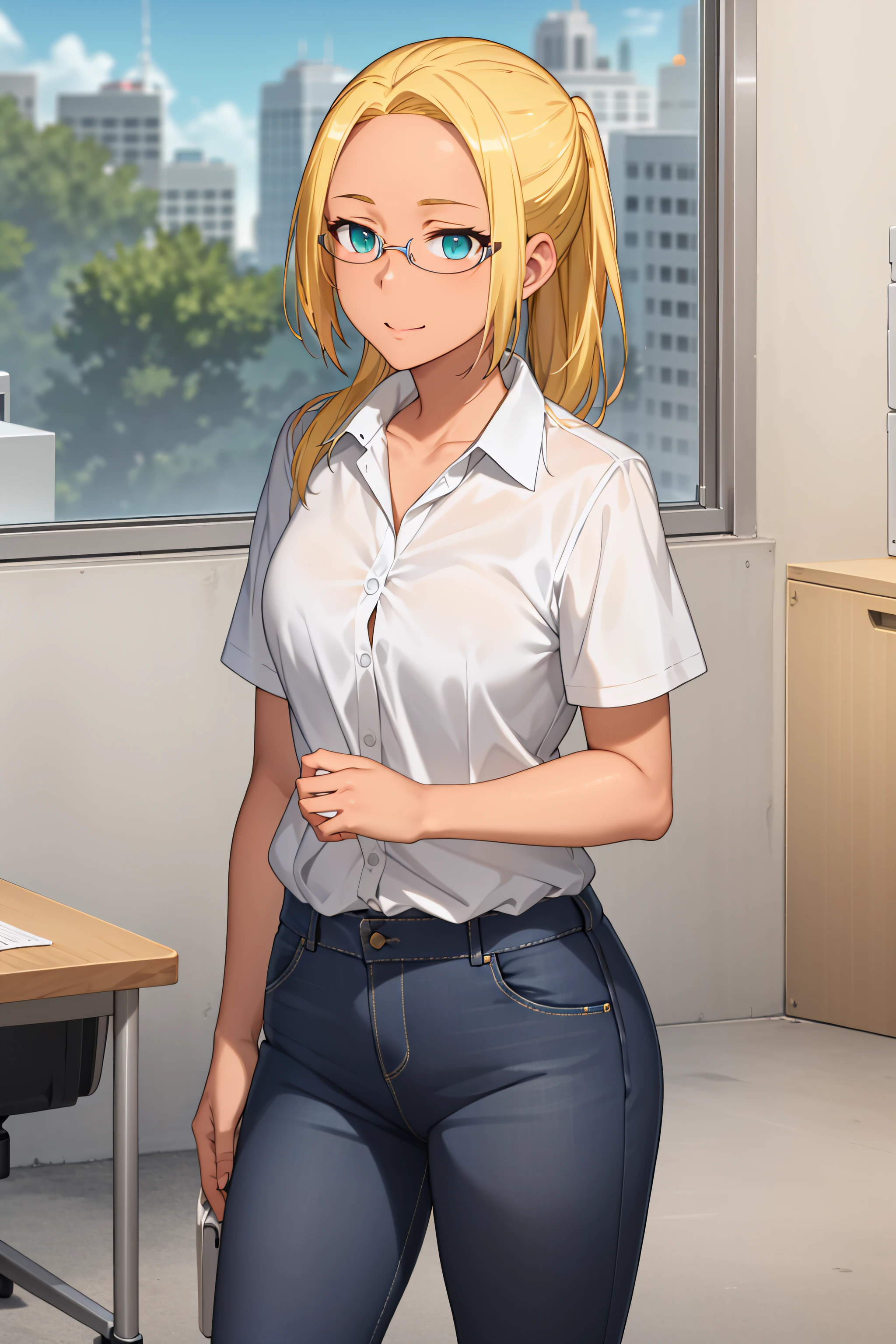 best quality, masterpiece, detailed,
<lora:AmagiBrilliantPark_Ashe:0.8>, ashe,
solo, light smile,
dark skin, blonde hair, aqua eyes, long hair, ponytail, glasses, forehead, 
white shirt, collared shirt, jeans, short sleeves,
standing, looking at viewer, (facing viewer:1.4),
office, window