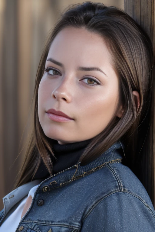 (RAW, analogue, Nikon Z 14mm ultra-wide angle lens, award-winning glamour photograph, ((best quality)), ((masterpiece)), ((realistic)), skin pores, subsurface scattering, radiant light rays, high-res, detailed facial features, high detail, sharp focus, smooth, aesthetic, extremely detailed, (extremely detailed eyes, extremely detailed iris), extremely detailed hair, extremely detailed skin, extremely detailed clothes, octane render, photorealistic, realistic, post-processing, max detail, realistic shadows, roughness, natural skin texture, real life, ultra-realistic, photorealism, photography, 8k UHD, photography, hdr, intricate, elegant, highly detailed, sharp focus, stunning, beautiful, gorgeous), (photorealistic), (realistic), h011ym4ri3c0mb5, full body, brown hair, brown eyes, (denim jacket:1.3), (black turtleneck sweater:1.1), jeans, lips, outdoors, on a ranch, leaning on a wooden post, looking at viewer, upper body, morning, bright, <lora:Holly_Marie_Combs_PMv1_Lora:1.3>,
