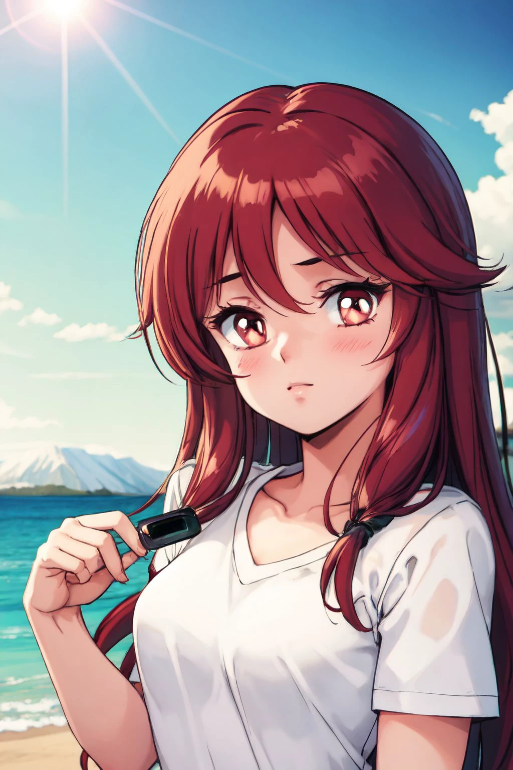 solo, 1girl, skeptical, red hair, bronze eyes, light grey t-shirt, beach waves, lens flare, arctic mountain, detailed background <lora:Toshiki_Hirano_style_v01:1>