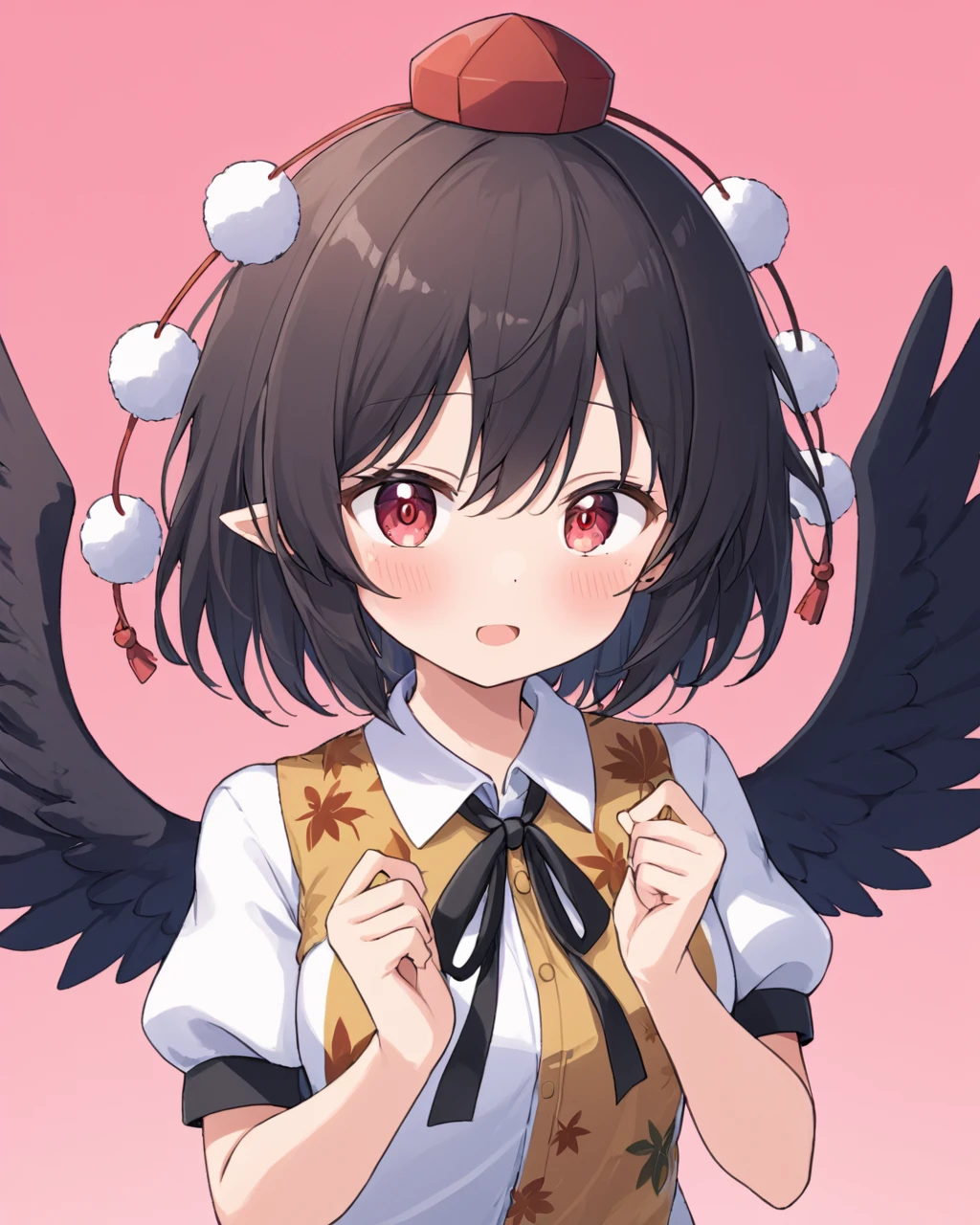 shameimaru aya,1girl, solo, tokin_hat, blush, open_mouth, upper_body, pom_pom_\(clothes\), white_shirt, red_headwear, looking_at_viewer, black_wings, bird_wings, puffy_short_sleeves, pink_background, leaf_print, heart_background, flying_sweatdrops, hands_up, black_ribbon, sweatdrop, feathered_wings, collared_shirt
<lora:shameimaru_aya_image5713_2023-12-20-000004:1>,star-shaped_pupils,symbol-shaped_pupils,. gorgeous,key visual, vibrant, studio anime,award-winning, professional, highly detailed,high budget, cinemascope