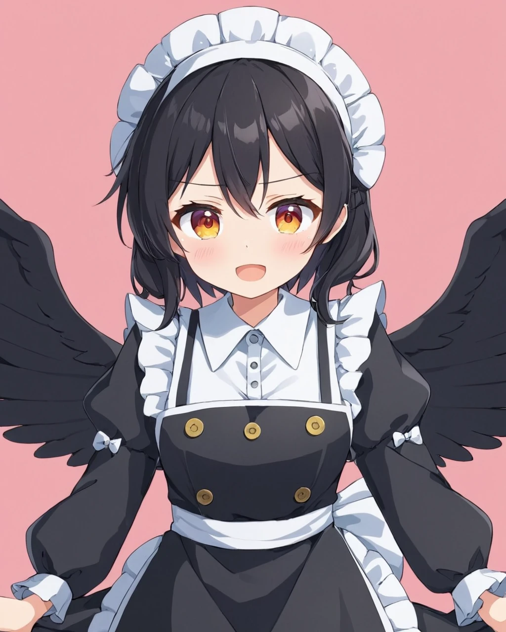 kurokoma saki,1girl, solo, maid_headdress, enmaided, open_mouth, long_sleeves, blush, black_wings, black_dress, white_apron, looking_at_viewer, frills, puffy_sleeves, pink_background, maid_apron, bird_wings, bow, sweatdrop, buttons
<lora:kurokoma_saki_image645_2023-12-20-000015:1>,star-shaped_pupils,symbol-shaped_pupils,. gorgeous,key visual, vibrant, studio anime,award-winning, professional, highly detailed,high budget, cinemascope