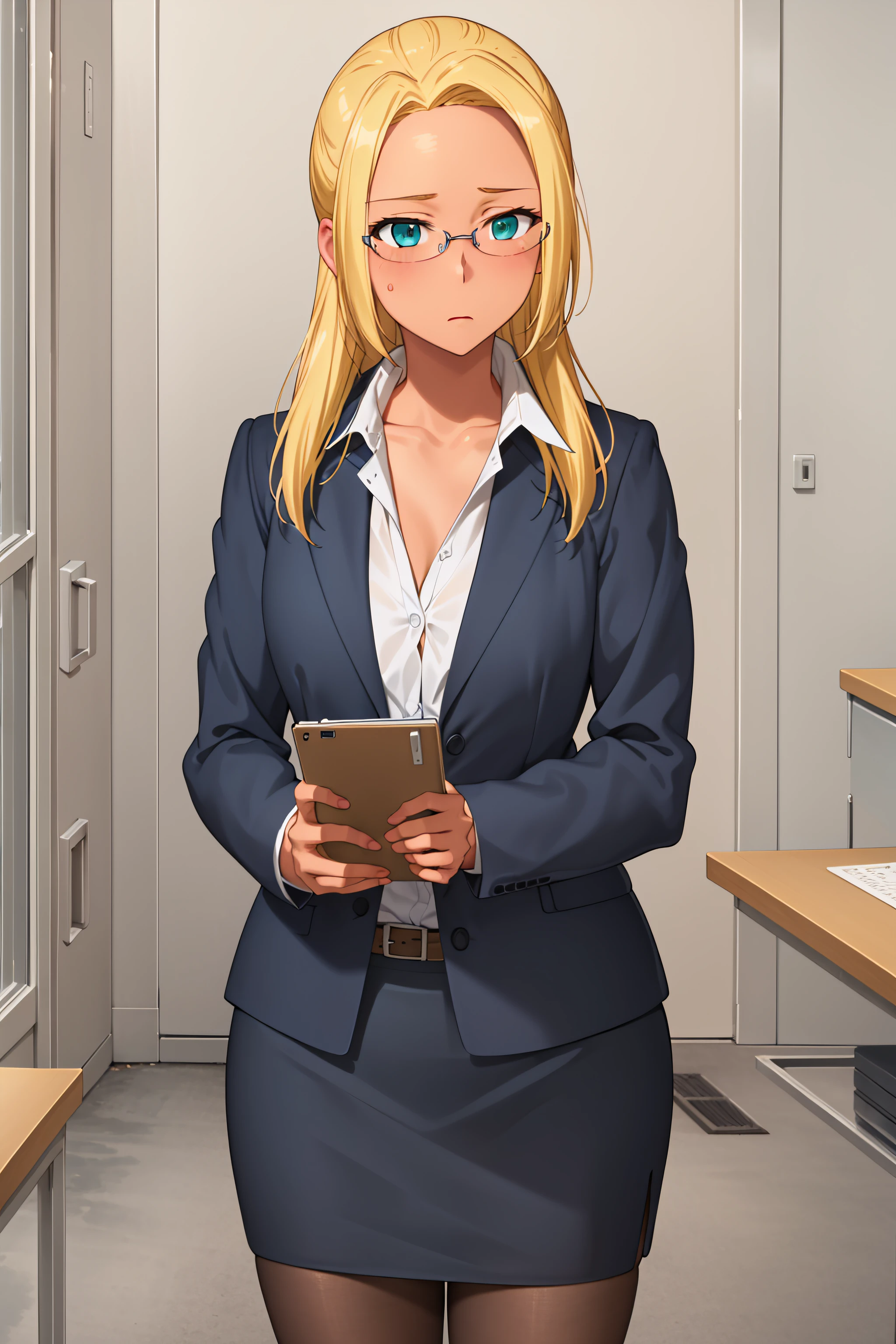 best quality, masterpiece, detailed,
<lora:AmagiBrilliantPark_Ashe:0.8>, ashe,
1girl, solo, blush,
dark skin, blonde hair, aqua eyes, long hair, ponytail, glasses, forehead, 
suit, pencil skirt, pantyhose,
standing, looking at viewer, (facing viewer:1.4),
office