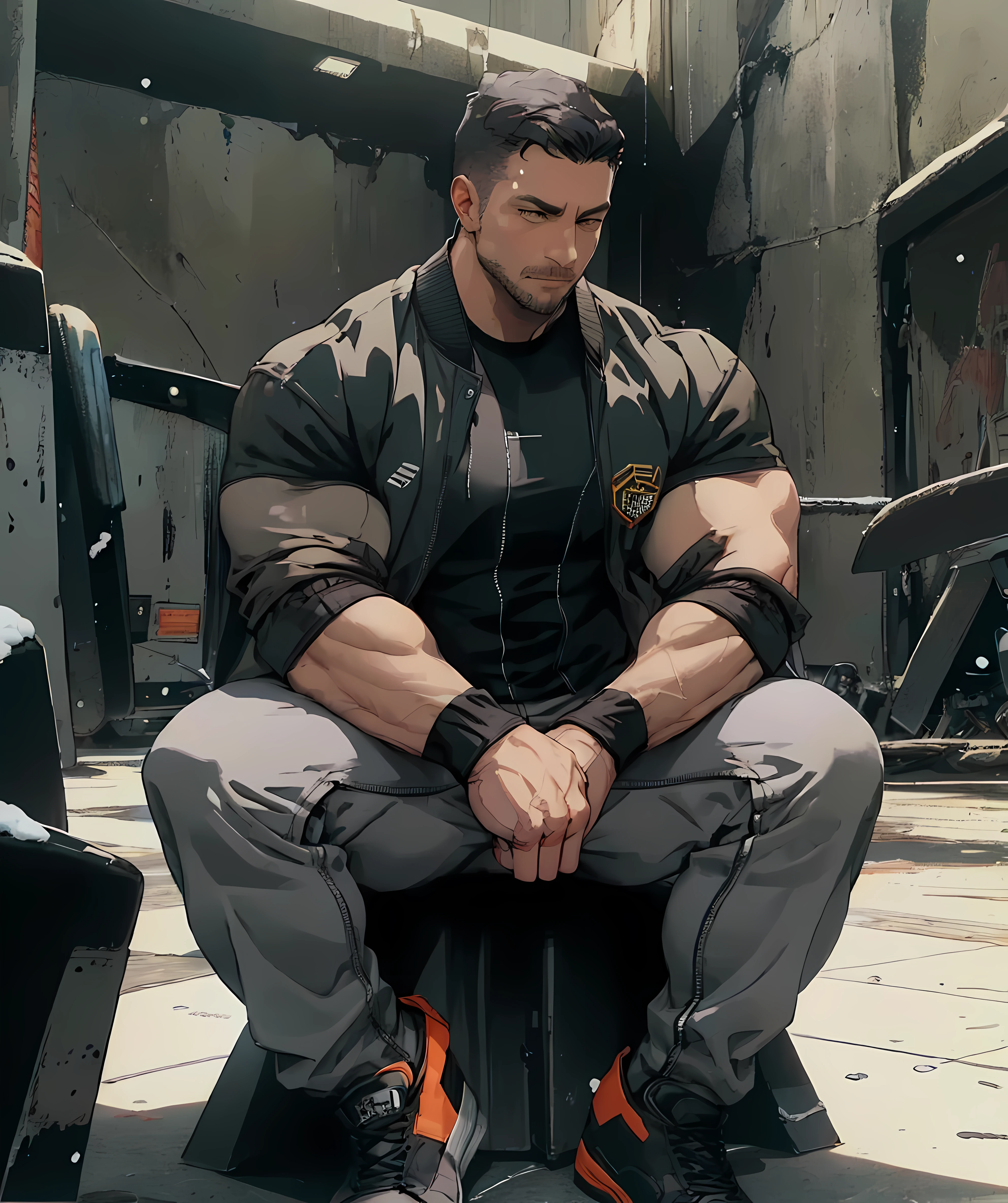 noel_deyzel, (black bomber jacket:1.1, grey long pants), sitting down, (muscular:1.3229, bodybuilder:1.3, big muscle), snowing, town <lora:Noel_Deyzel:0.85> <lora:more_details:0>