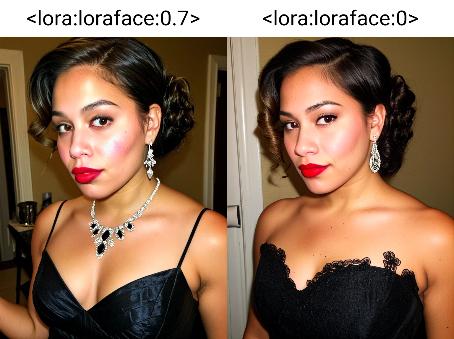 amateur cellphone photography of a 180lb Latina wearing a formal dress at a cocktail party, natural skin texture intricate hairstyle, red lipstick, cateye, detailed, natural skin texture, poor lighting, high contrast, <lora:loraface:0.7>