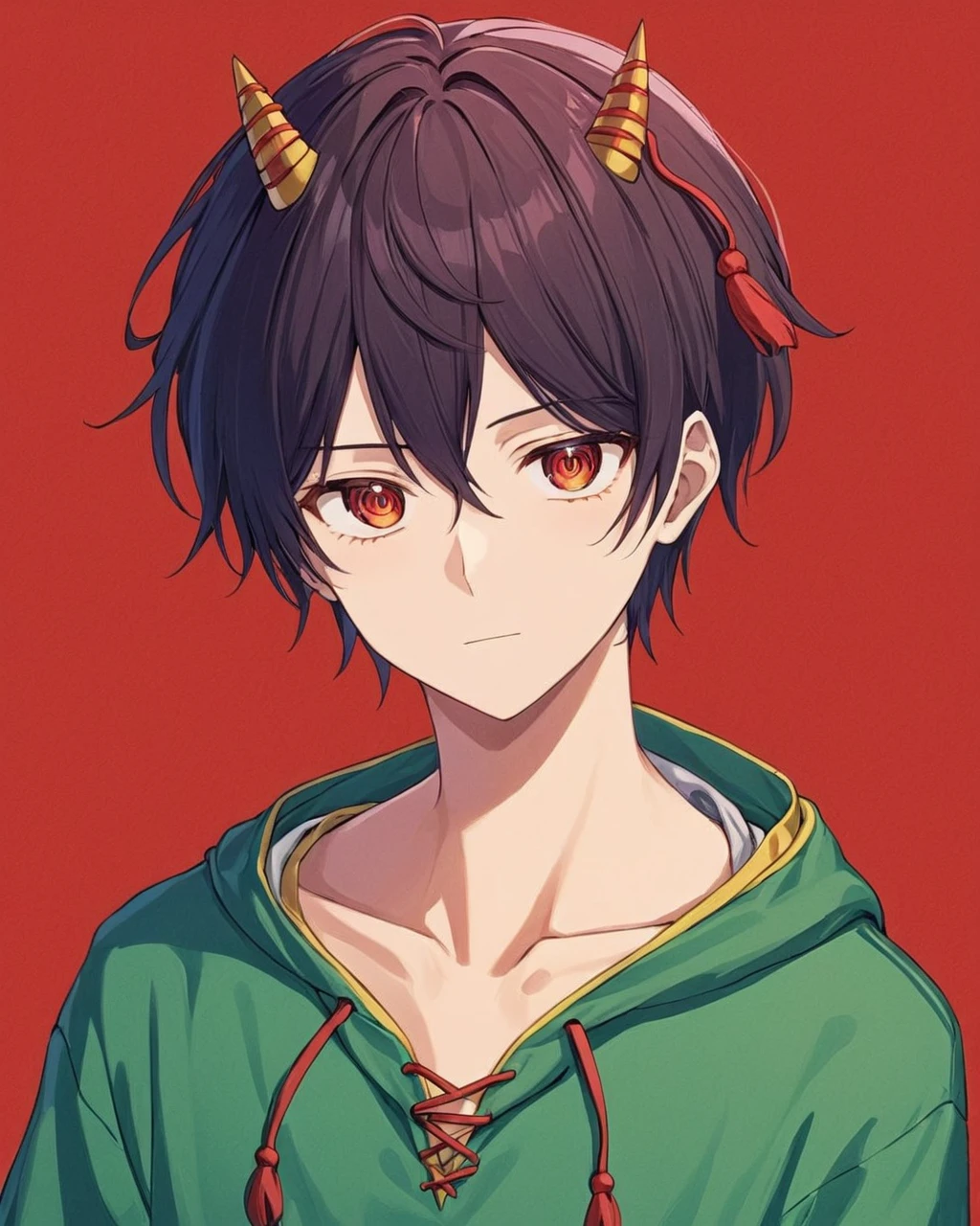 nippaku zanmu,solo, horns, red_background, simple_background, upper_body, 1boy, looking_at_viewer, closed_mouth, male_focus, hoodie, expressionless, collarbone
<lora:nippaku_zanmu_image235_2023-12-20:1>,star-shaped_pupils,symbol-shaped_pupils,. gorgeous,key visual, vibrant, studio anime,award-winning, professional, highly detailed,high budget, cinemascope