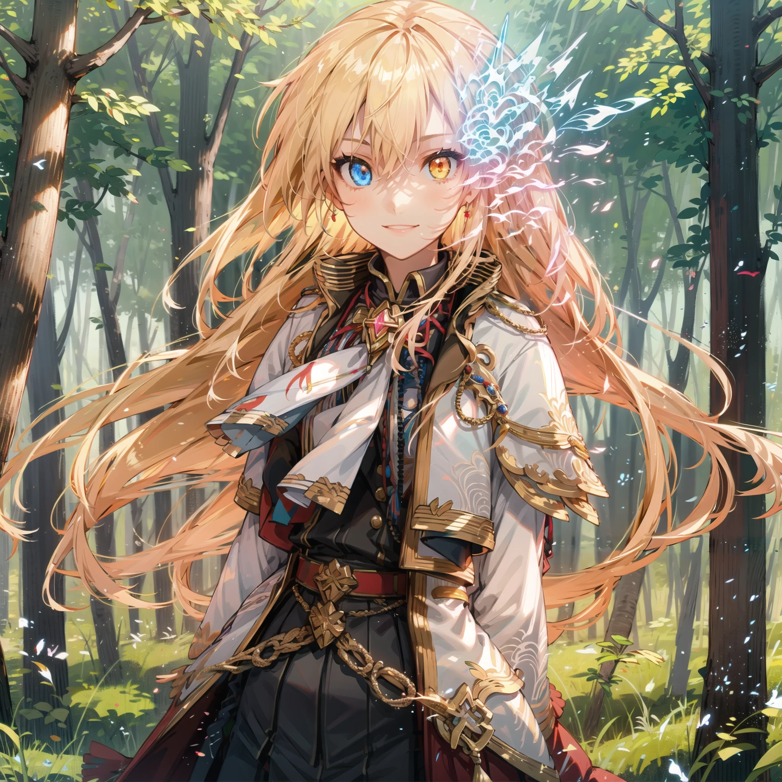 masterpiece, best quality, 1girl, solo, riverta_\(wiz\), heterochromia, smile, arms behind back, upper body, looking at viewer, standing, forest background <lora:riverta_v3:0.8>