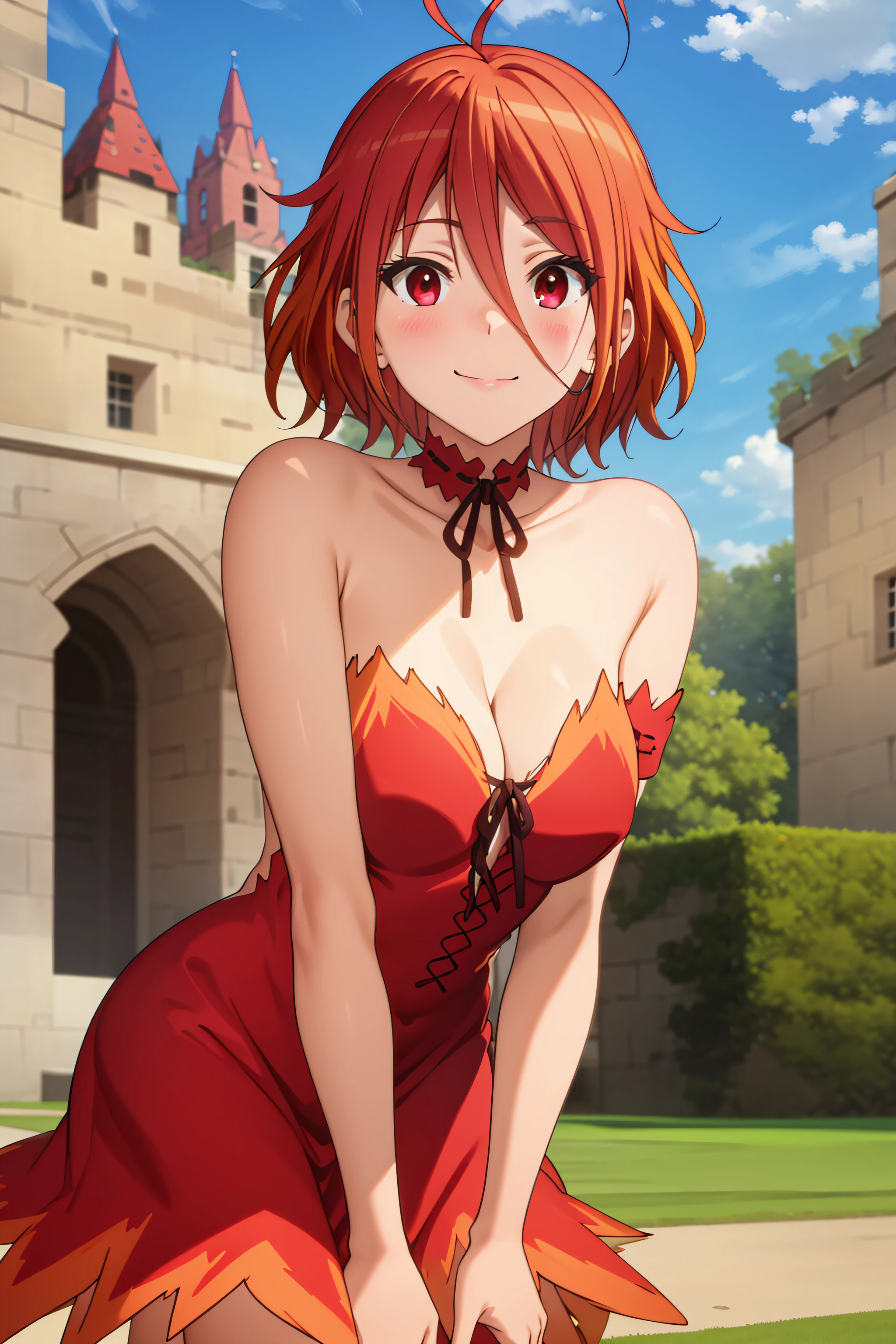 best quality, masterpiece, detailed,
<lora:AmagiBrilliantPark_Salama:0.8>, SalamaAmagi,
solo, light smile, light blush, closed mouth,
orange hair, multicolored hair, antenna hair, short hair, red eyes,
SalamaDress, red dress, cleavage, armlet, red choker,
standing, looking at viewer,
outdoors, castle