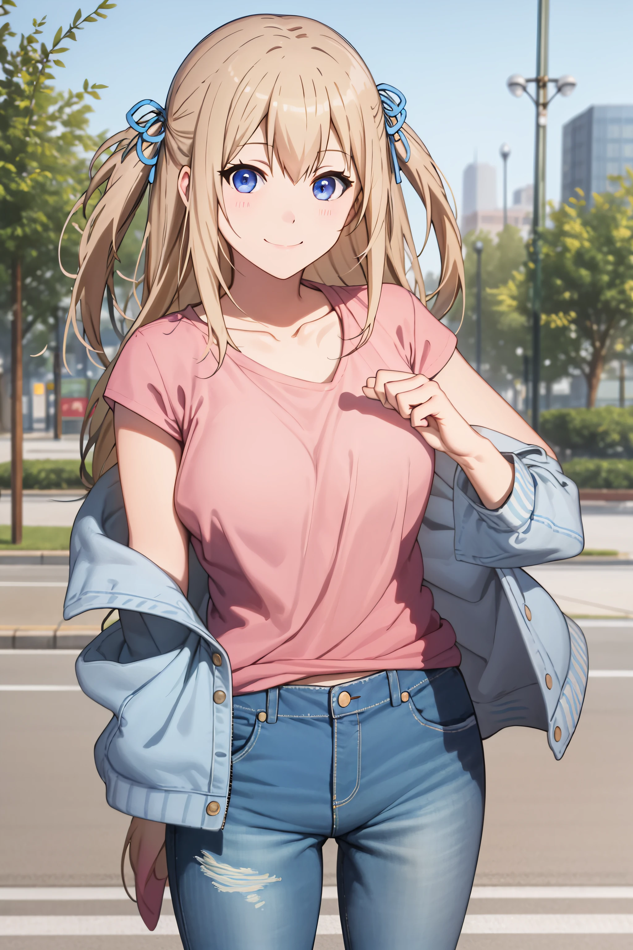 best quality, masterpiece, detailed,
<lora:AmagiBrilliantPark_Sylphy:0.8>, SylphyAmagi,
solo, light smile, closed mouth,
blonde hair, long hair, blue eyes, two side up, hair ribbon,
SylphyCasual, pink shirt, jacket, denim, jeans,
standing, looking at viewer,
city, street