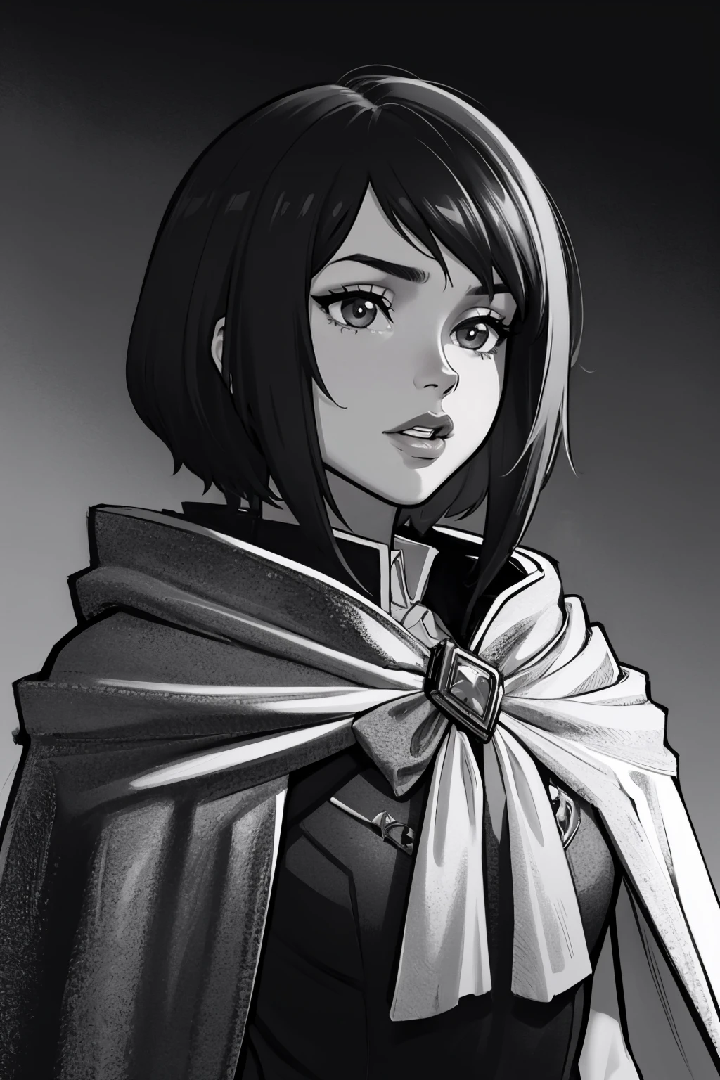 (masterpiece, best quality:1.2), <lora:mrpotatoparty:1>, mrpotatoparty, greyscale, monochrome, solo, 1girl, short hair, cape