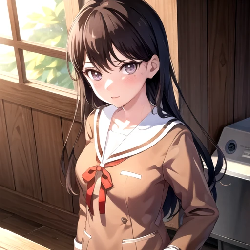 <lora:TakiMygo-09:0.7>, takimygo,looking at viewer, brown shirt, sailor collar, school uniform, red ribbon, ribbon, hanasakigawa school uniform