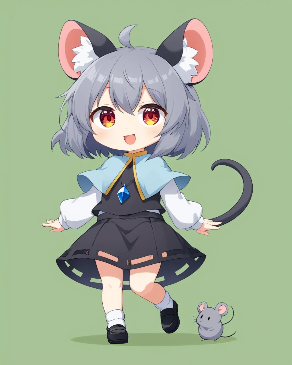 nazrin, 1girl, solo, mouse_girl, mouse_tail, white_shirt, grey_skirt, open_mouth, long_sleeves, green_background, pendant, grey_vest, full_body, layered_clothes, simple_background, skirt_set, white_socks, black_footwear, shoes, animal_ear_fluff, smile, standing, white_capelet, black_skirt, chibi, crystal
<lora:nazrin_image9511_2023-12-20-000006:1>,star-shaped_pupils,symbol-shaped_pupils,. gorgeous,key visual, vibrant, studio anime,award-winning, professional, highly detailed,high budget, cinemascope