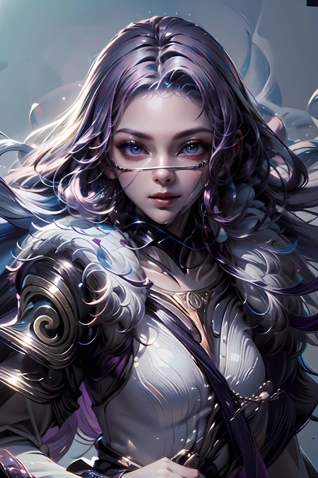 1girl,(masterpiece:1.4, best quality),medium breasts,(intricate details),unity 8k wallpaper,ultra detailed,(pastel colors:1.3),beautiful and aesthetic,detailed,solo, purple hair, luo_yi_ml, (mouth veil:1.1) <lora:luo_yi_ml-08:1> <lora:add_detail:0.7>