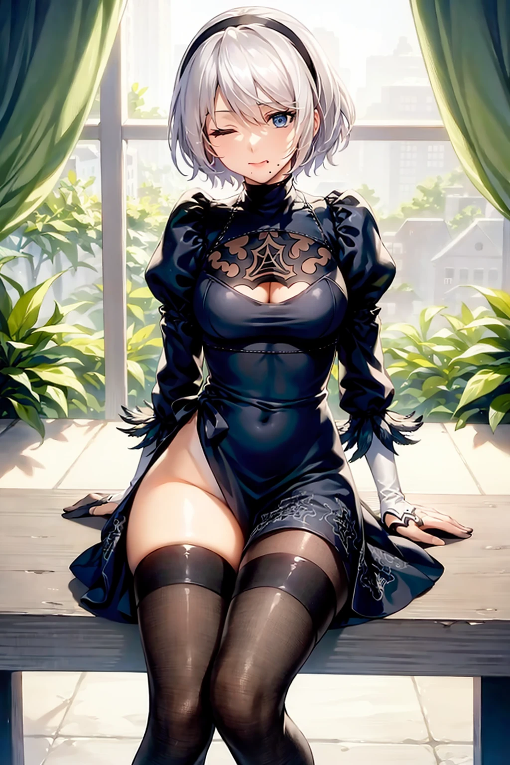 masterpiece, best quality, <lora:2b:1>,
1girl, mole under mouth, solo, yorha no. 2 type b, mole, blue eyes, thighhighs, one eye closed, hairband, no blindfold, dress, black dress, short hair, white hair, breasts, black thighhighs, cleavage cutout, puffy sleeves, sitting, black hairband, clothing cutout, long sleeves, juliet sleeves, leotard, feather-trimmed sleeves, medium breasts, looking at viewer