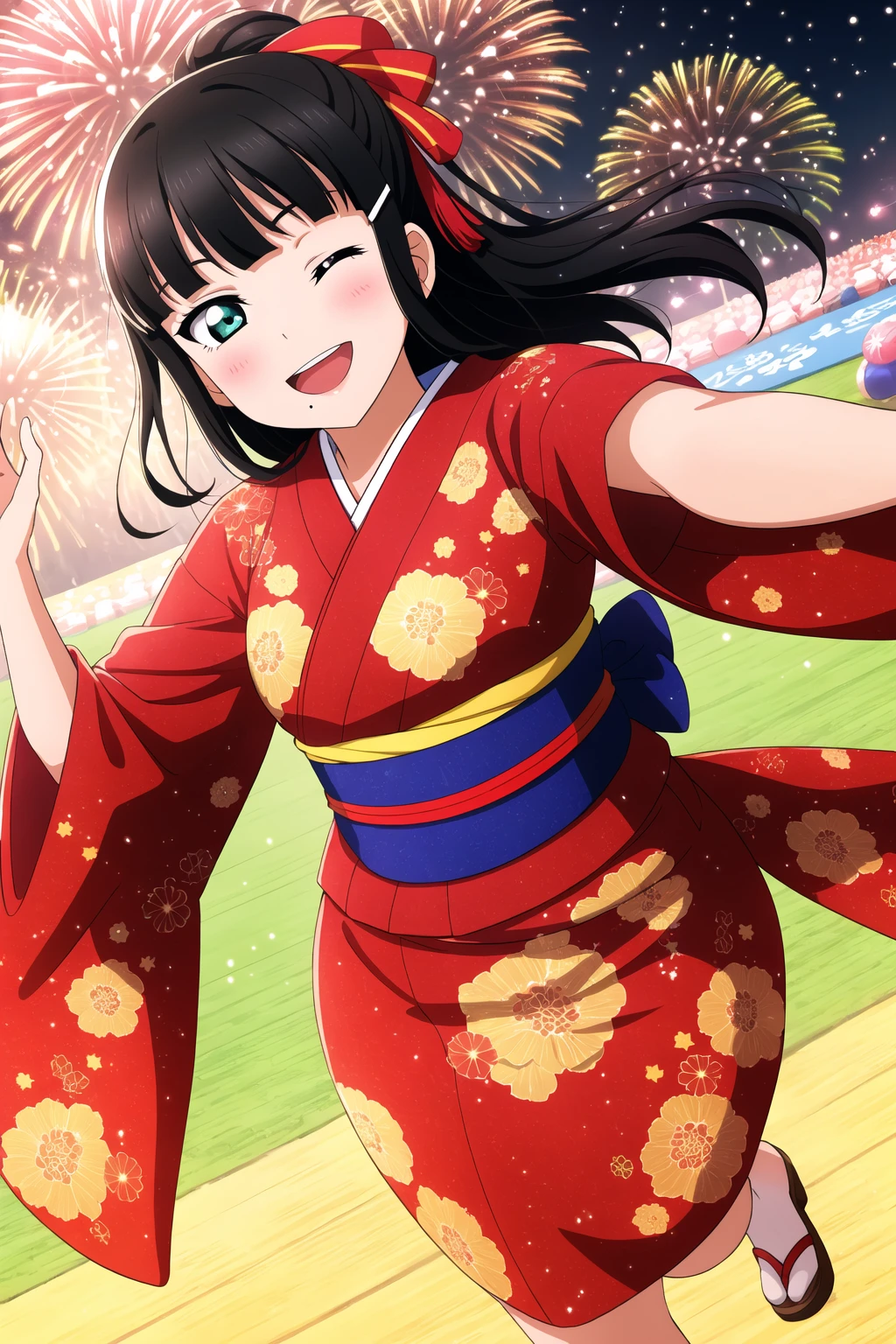 masterpiece, best quality, highres, absurdres, 1girl,
<lora:DiaKurosawa_Mistoon_Locon_CulturedDiffusion:0.6>, dia kurosawa, black hair, aqua eyes, mole under mouth,
kimono, hair ribbon ,
new year, festival, fireworks,
smile, open mouth, one eye closed, stretching, stepping