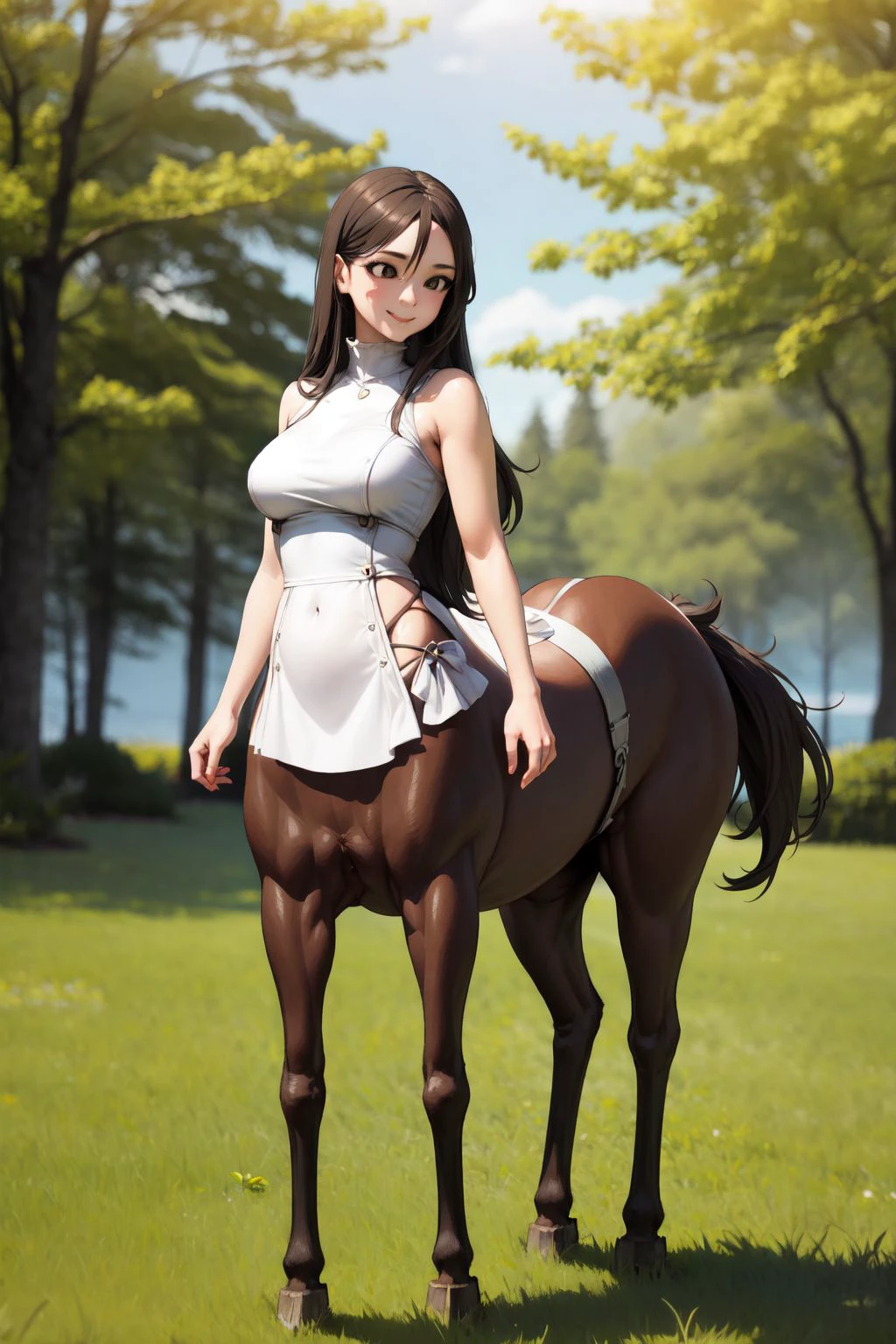 solo, mature female, (centaur:1), seductive smile, dark brown hair, white eyes, full body, day, outdoors, nature, detailed background <lora:monstergirl_cpt_v05.09:1>