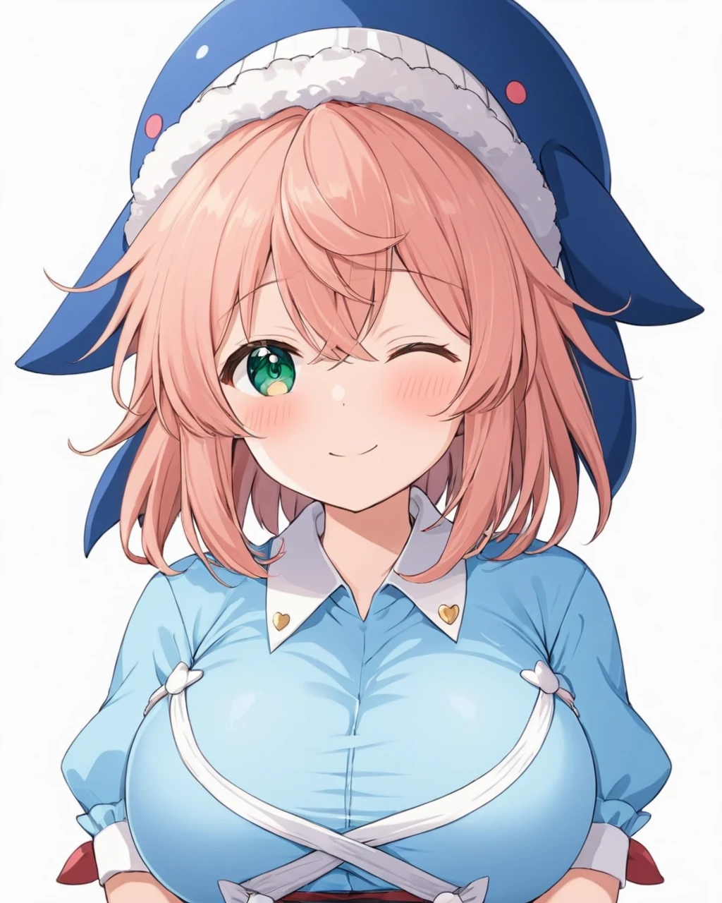 okunoda miyoi,1girl, solo, one_eye_closed, blue_shirt, white_background, blue_headwear, simple_background, smile, large_breasts, heart, hat, closed_mouth, blush, short_sleeves, skirt, looking_at_viewer, upper_body
<lora:okunoda_miyoi_image445_2023-12-20-000010:1>,star-shaped_pupils,symbol-shaped_pupils,. gorgeous,key visual, vibrant, studio anime,award-winning, professional, highly detailed,high budget, cinemascope