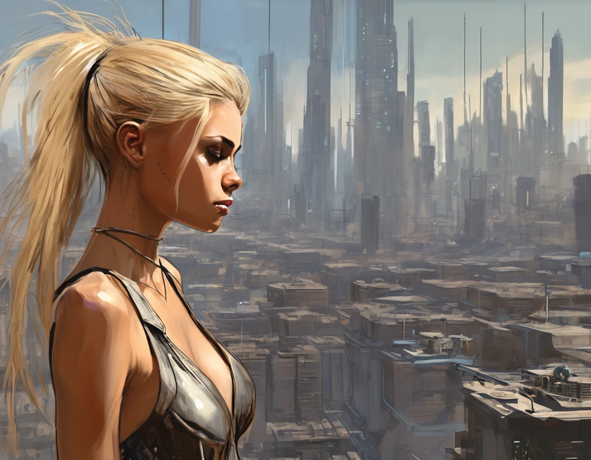 A captivating digital art by Enki Bilal; showing a beautiful mikaxl6, gazing into the distance atop a desolate futuristic cityscape, featuring sharp cheekbones, with blonde hair flowing in the wind, and clad in a sleek bodysuit with cybernetic enhancements..