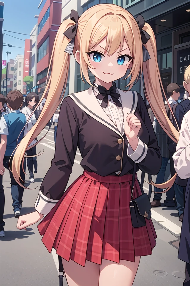 insanely detailed, absurdres, ultra-highres, ultra-detailed, best quality,
1girl, solo, nice hands, perfect hands,
BREAK
lanky,gothic dress,nylon clothes,denim dress,saddle jacket,red tartan-check pleated skirt
BREAK
(smirking, evil smile:1.2), closed mouth, (:3:1.3), v-shaped eyebrows, standing
BREAK
slender, kawaii, perfect symmetrical face, ultra cute girl, ultra cute face, ultra detailed eyes, ultra detailed hair, ultra cute, ultra beautiful,
BREAK
in harajuku, shibuya, tokyo, street, crowd, cityscape,
BREAK
medium large breasts,
blonde hair, blue eyes, twintails