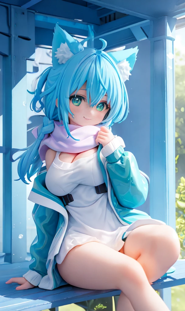 blue hair, glowing, 1girl, foxgirl, high detail, masterpiece, beautiful, glowing pink hair, glowing green eyes, smiling, happy, viewed from below, big eyes, spreading legs, sitting, knees, green coat, moody background, sunlight: 1.5, smooth skin, subsurface scattering, white shirt, bottomless, scarf, fluffy tail, crotch